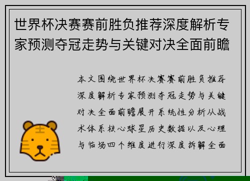 世界杯决赛赛前胜负推荐深度解析专家预测夺冠走势与关键对决全面前瞻